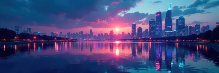 Fototapeta premium Futuristic cityscape at dusk with neon lights reflecting on a serene lake, lake, dusk