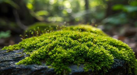 Obraz premium vibrant green moss growing on a damp rock, showing delicate textures and tiny leaves