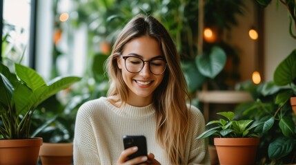 Phone interaction for woman in glasses in lush green setting 