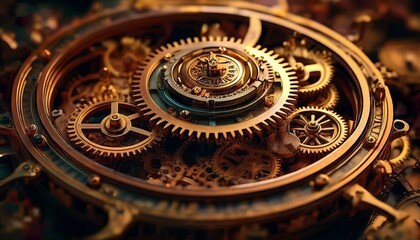 Obraz premium アンティークな時計の歯車が接写された、スチームパンク風のメカニカルデザイン