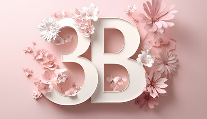 3B Floral Composition: An elegant composition of the letters "3B" adorned with delicate pink and white flowers, creating a soft, floral, and artistic design on a subtle pink background.