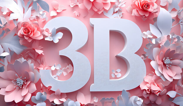 "3B in Floral Fantasy: A captivating composition featuring the letters "3B" amidst a lush, artistic arrangement of pastel-colored flowers and delicate paper cutouts. A visual poem of spring.