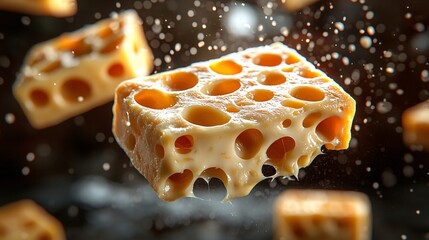 Multiple Cheese Chunks with Holes Floating Against Dark Background Creating Dotted Effect.