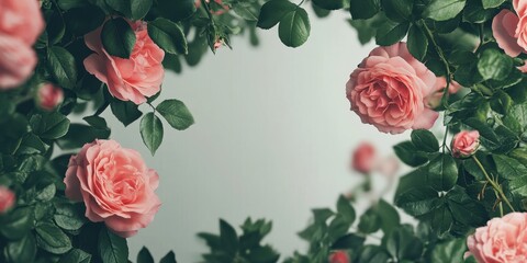 Close-up of elegant pink roses with lush green leaves, forming a natural border on a white background.