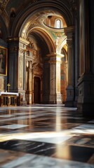 Fototapeta premium Sunlit grandeur of a cathedral aisle.