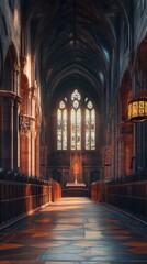 Fototapeta premium Sunlit cathedral aisle, serene and grand.