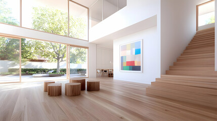 Fototapeta premium Modern home interior, light wood floors, large windows, garden view, minimalist design