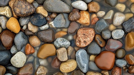 A close-up view of smooth stones in shallow water, showcasing their natural beauty