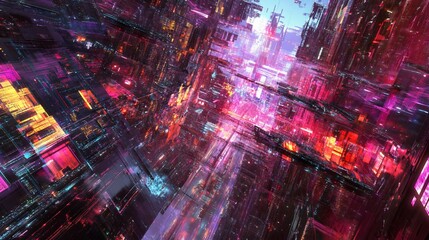 Fototapeta premium Abstract cityscape with vibrant colors and futuristic patterns, creating a stunning dynamic scene