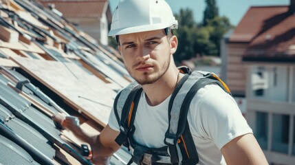 A roofing technician in a white hard hat and safety harness, holding roofing tiles and looking directly at the camera, with a backdrop of a partially completed roof and roofing tools