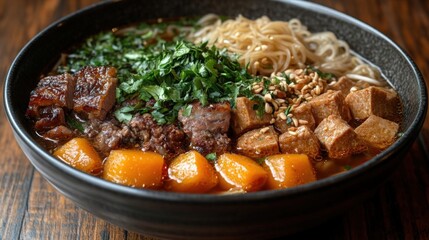 Warm Asian Noodle Soup with Roasted Duck Pumpkin and Tofu