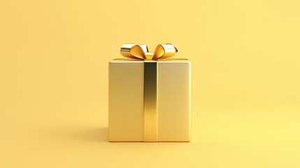 Elegant golden gift box with a shiny bow on a yellow background