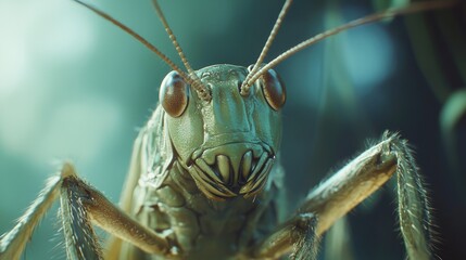 Close-up view of a green grasshopper with prominent eyes and antennae