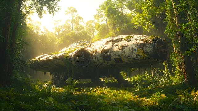 Sunlit jungle, crashed spaceship, overgrown foliage, mysterious scene, sci-fi art