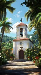 Tropical Church Amidst Lush Foliage