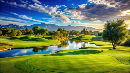 Tranquil golf course green on a beautiful day with scenic landscape backdrop , tranquil, golf course, green, beautiful