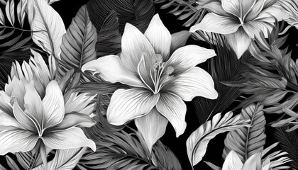 Striking Monochrome Seamless Pattern Intricately Adorned with Vibrant, Tropical Exotic Flowers, Creating a Unique Artistic Masterpiece