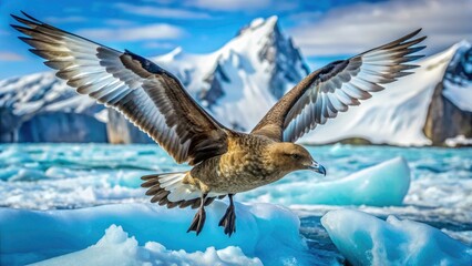 Brown Antarctic Great Skua Attacking with Ice Background - Dynamic Wildlife Scene in Panoramic Photography