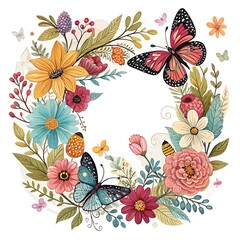 Flowers and butterflies decorate this wreath, which is a colorful flowery arrangement. The butterflies are of different colors and sizes, just as the flowers are also of different colors and sizes. 
