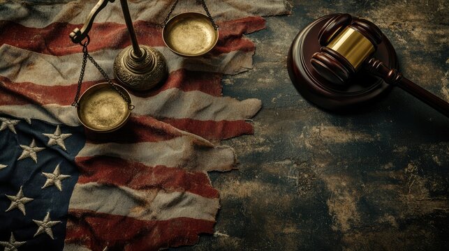 judge's gavel and a golden Scale of Justice on the American Flag Background. symbolize the American justice system or the Judicial Branch of government ( Judiciary )