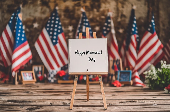Happy Memorial Day sign with American flags and rustic wooden background - Powered by Adobe