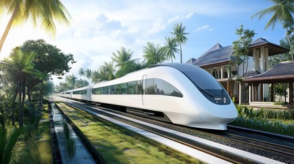 Naklejka premium Modern white train speeding through tropical landscape with palm trees and luxurious villa