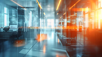 Obraz premium Modern office interior with glass walls and warm lighting.