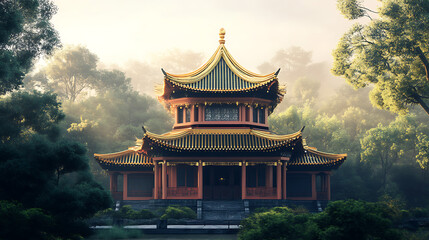 pagoda with golden accents and traditional architecture in a scenic park 
