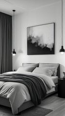 Edgy bedroom look highlighting abstract wall art and pendant lights 