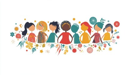 Colorful Illustration of Diverse Women Holding Hands Together