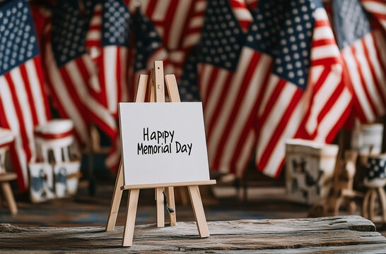 Patriotic Happy Memorial Day sign on rustic wood with American flags background