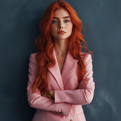 Fototapeta premium Confident redhead businesswoman modern office professional portrait bright environment eye-level view empowerment concept