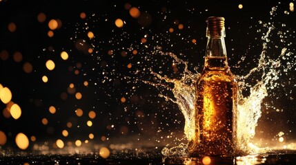 Sparkling Beverage Bottle Splash with Magical Bokeh Background