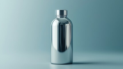 Silver water bottle on blue background; product shot