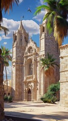 Ancient cathedral in desert oasis