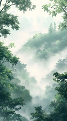Fototapeta premium Serene Forest Enveloped in Morning Mist with Soft Green Hues