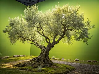 Olive Tree Outline Art - Green Background - AI Photo