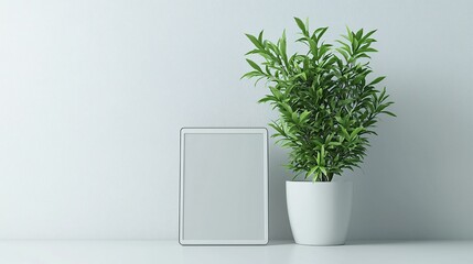 Fototapeta premium Minimalist tablet mockup, plant, white room, blank screen, website design