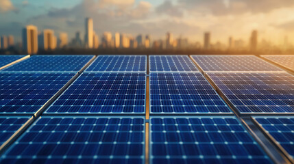 Futuristic solar panels on rooftop with city skyline in background