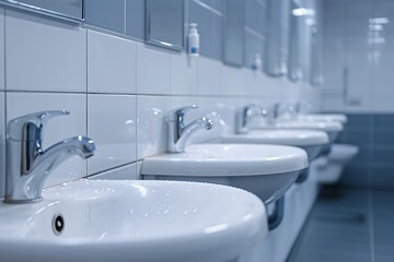 Fototapeta premium Washbasins in a public toilet. Washing hand sinks in public bathroom interior