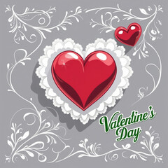 A digital illustration featuring a central red heart with a glossy finish, bordered by a white lace-like pattern, with the words in green Valentine's Day