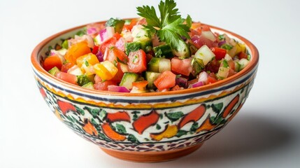 Refreshing tomato and cucumber salad in a hand-painted bowl.