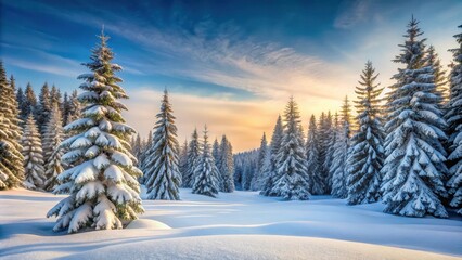 Obraz premium Snowy winter landscape with pine trees covered in snow , winter, cold, snowy, landscape, trees, forest, white, frost, frozen