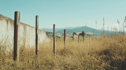 Fototapeta premium Overgrown field with rusty poles under a clear sky, mountains in the background, evoking tranquility