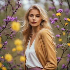 Naklejka premium Enthusiastic model blending with blooming yellow flowers 