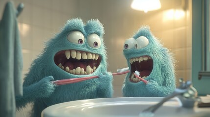 Funny monsters brushing their teeth