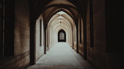 Obraz premium Serene corridor with arched ceilings, softly illuminated, leading to a darkened exit in a historic building