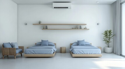 Minimalist bedroom with twin beds, wooden shelves, and air conditioning.