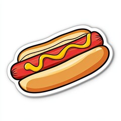 A cute sticker of a hot dog with mustard on a white background