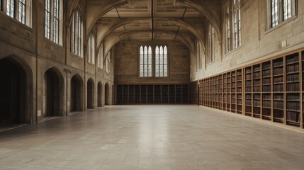 Obraz premium Spacious historic library interior with high ceilings, wooden bookshelves, and natural light
